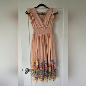 SHEIN Peach Midi Dress with Floral Embroidery